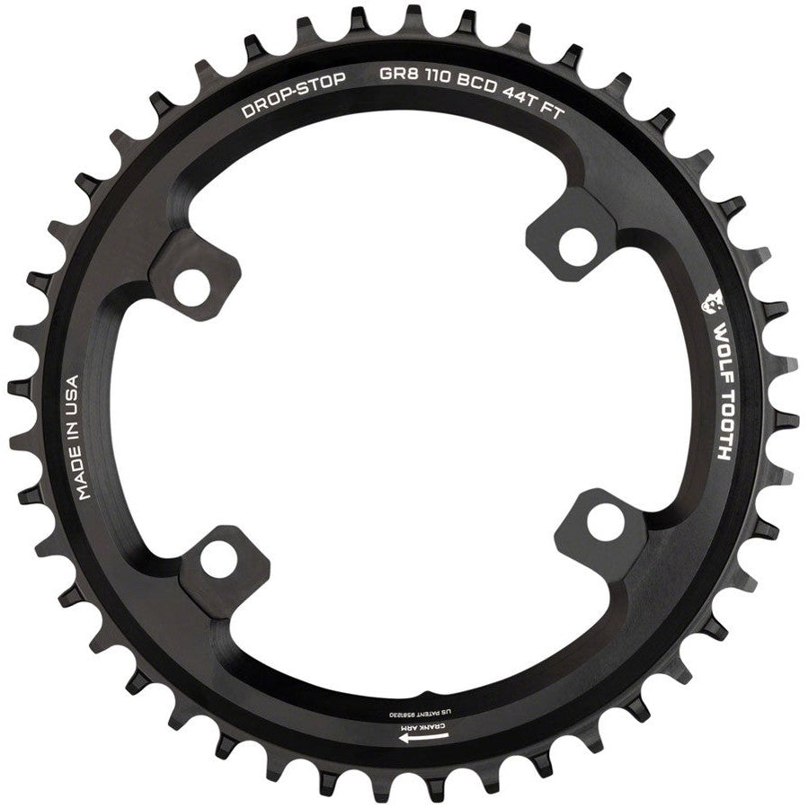 Wolf Tooth Shimano 110 Asymmetric BCD Chainring - 44t, 110 Asymmetric BCD, 4-Bolt, Drop-Stop B, For Shimano GRX Cranks, Black