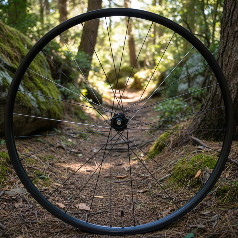 Bicycle wheel in a forest setting with trees and ground cover.
