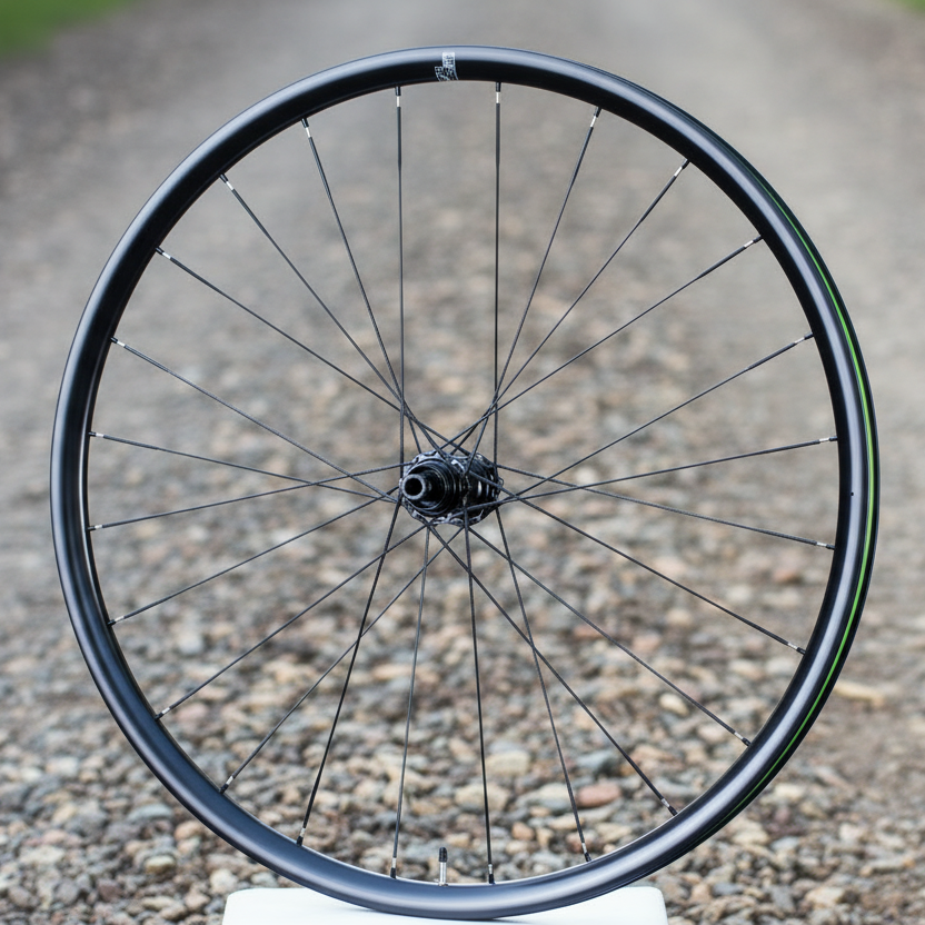 Bicycle wheel with gravel road background.